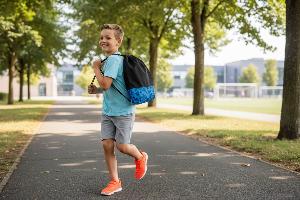 Boy holding blue geometric drawstring bag