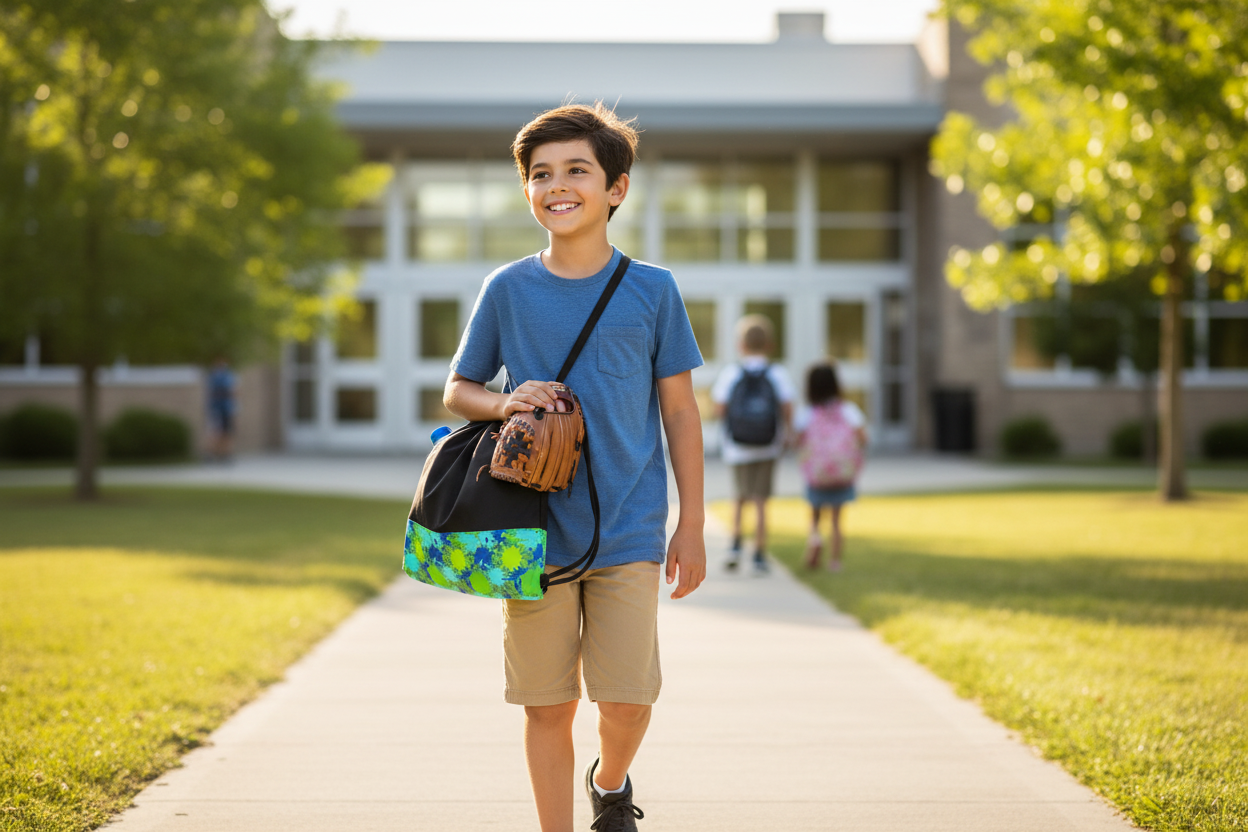 Boy holding drawstring bag