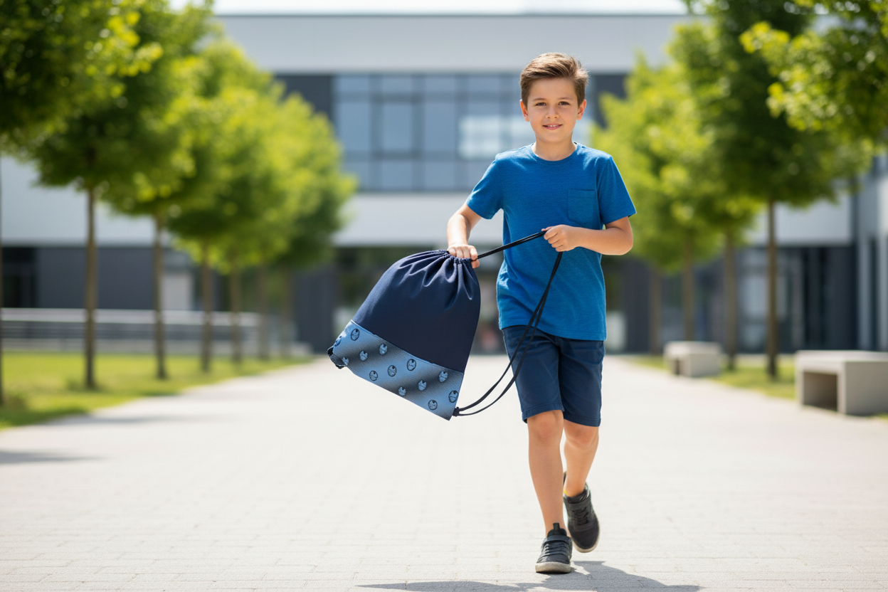 Boy holding Iron Man drawstring bag