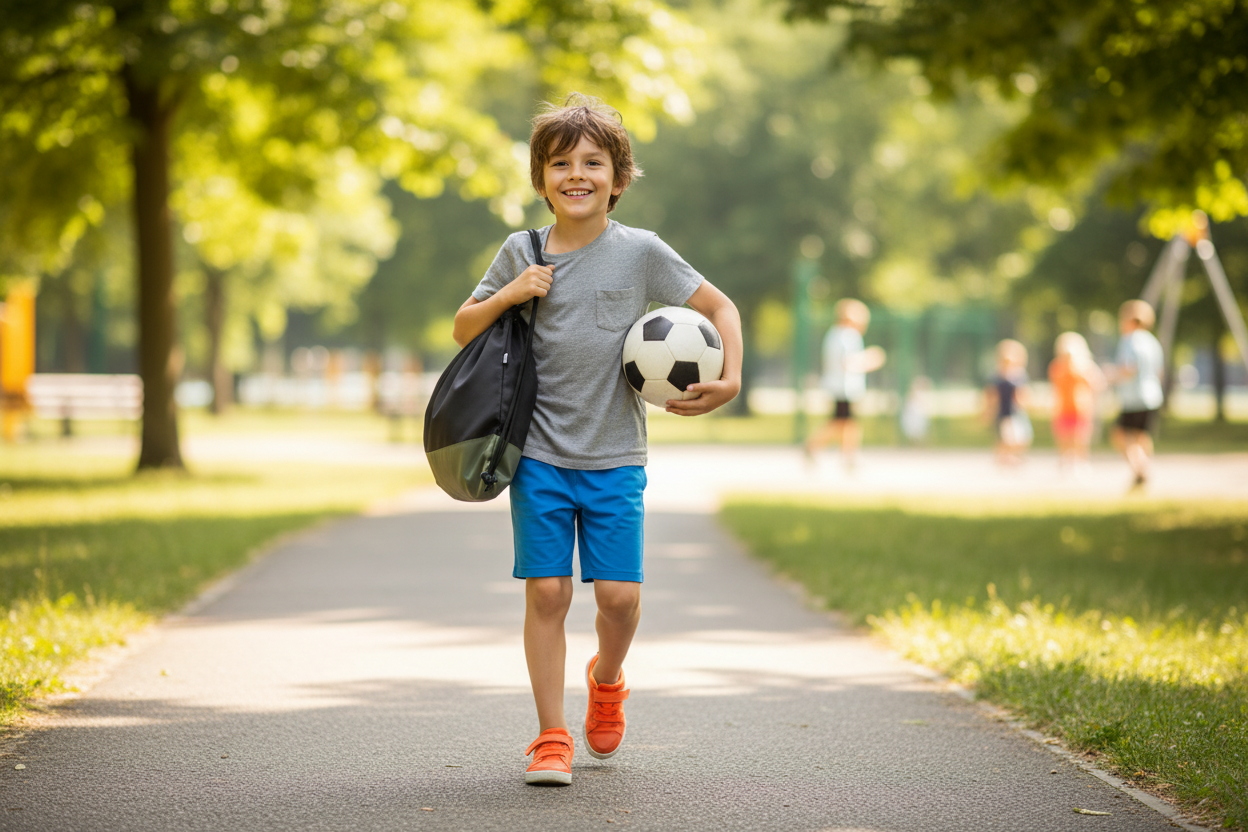 Boy holding two-tone drawstring bag
