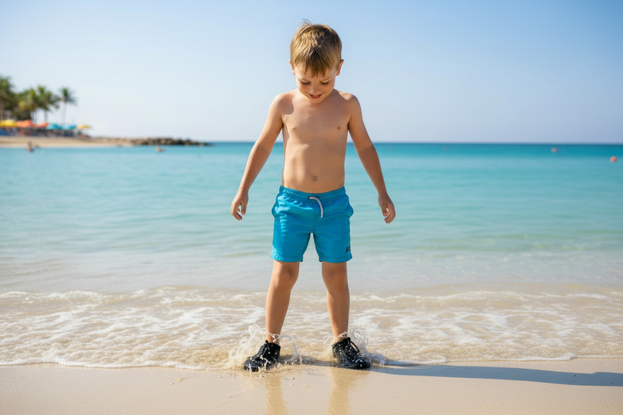 Boy in swim shorts wearing water shoes at the beach