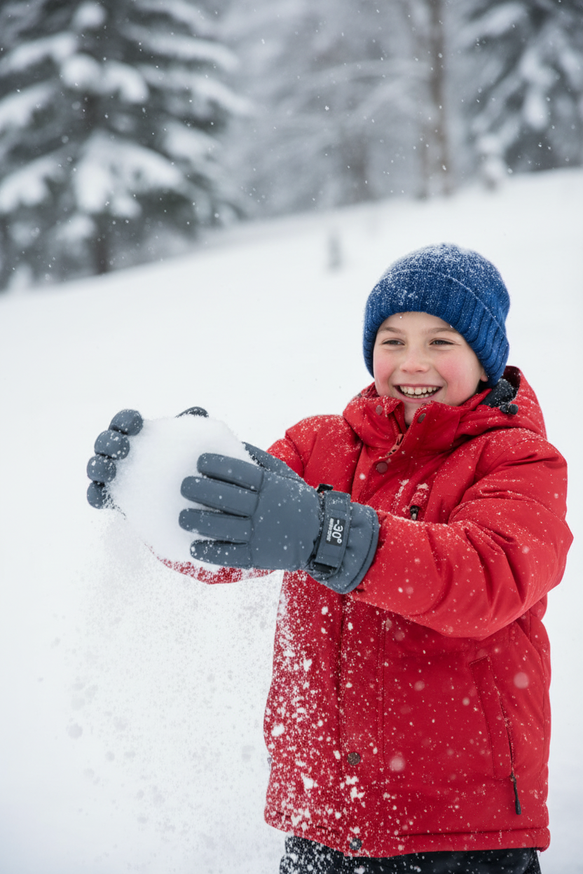 Boy playing in snow wearing gray waterproof winter gloves