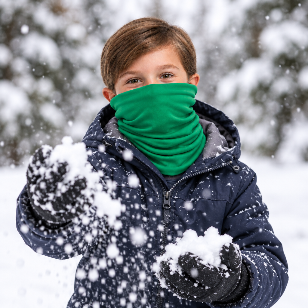 Boy playing in the snow wearing green Lycra headgear