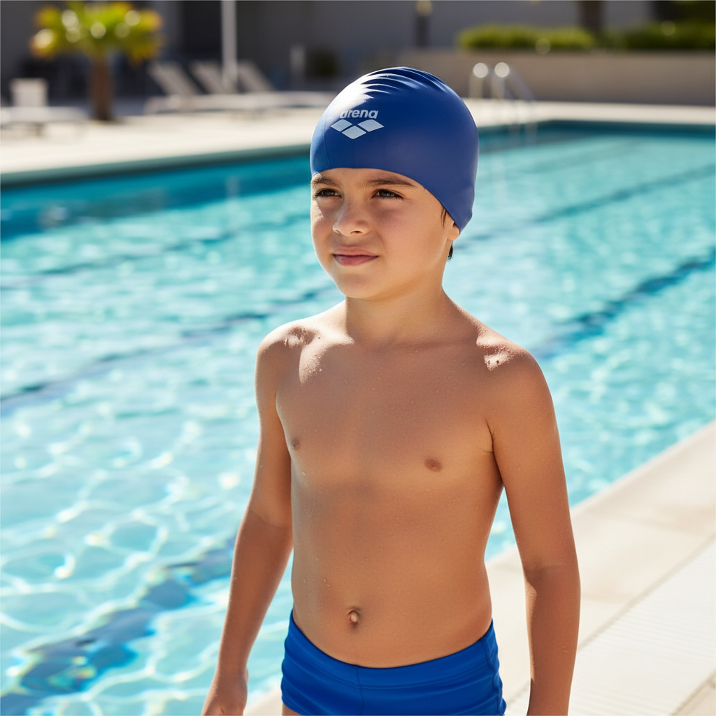 Boy ready to swim with royal blue Arena swim cap