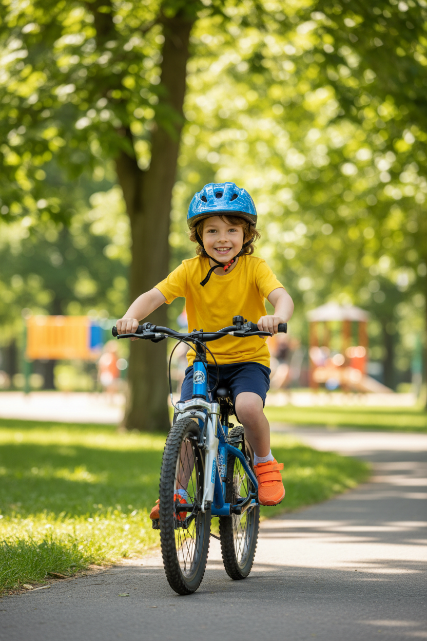 Boy riding bike with blue helmet
