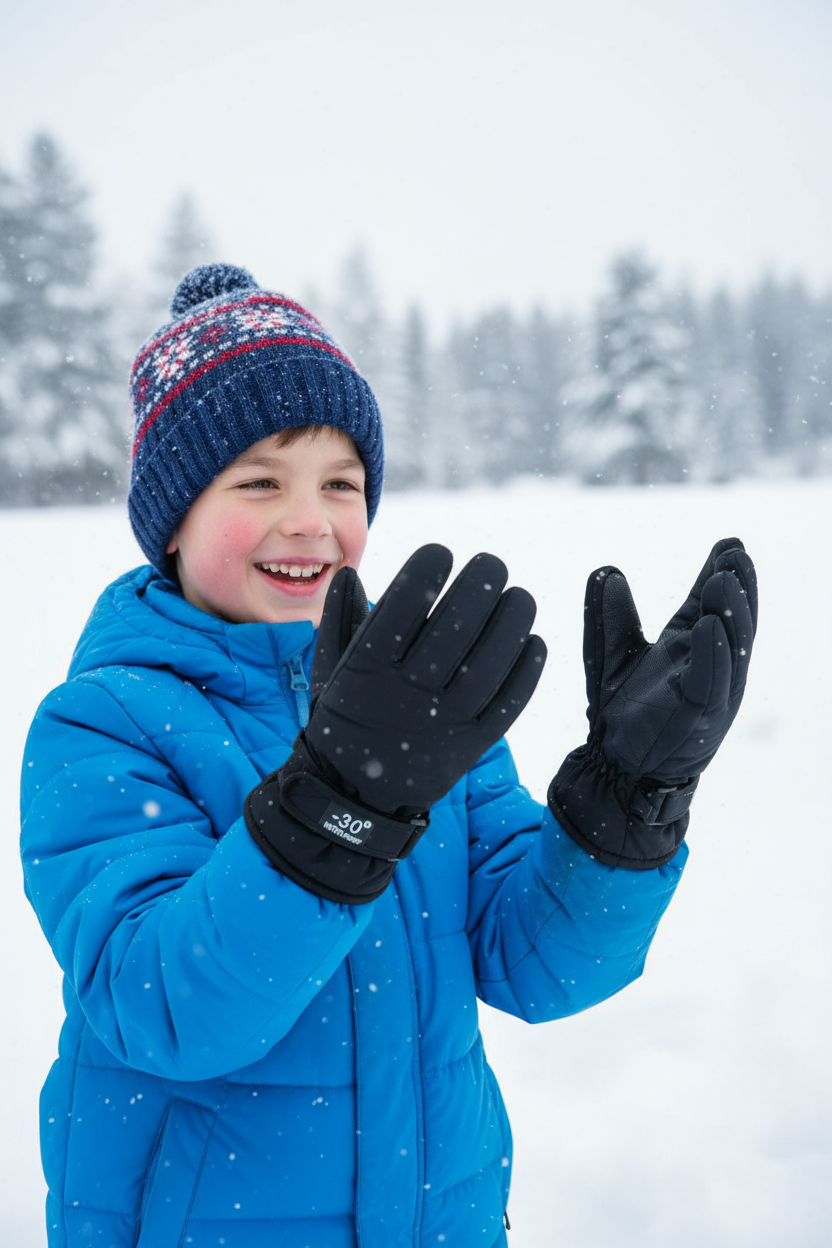 Boy wearing black waterproof winter gloves in snow