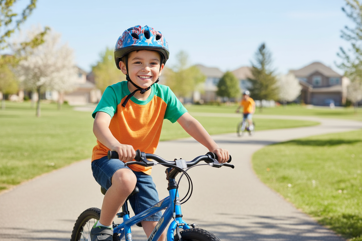 Boy wearing blue helmet on bicycle