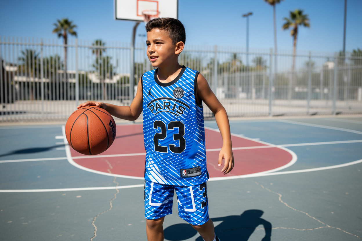 Boy wearing blue PSG Paris basketball uniform lifestyle photo