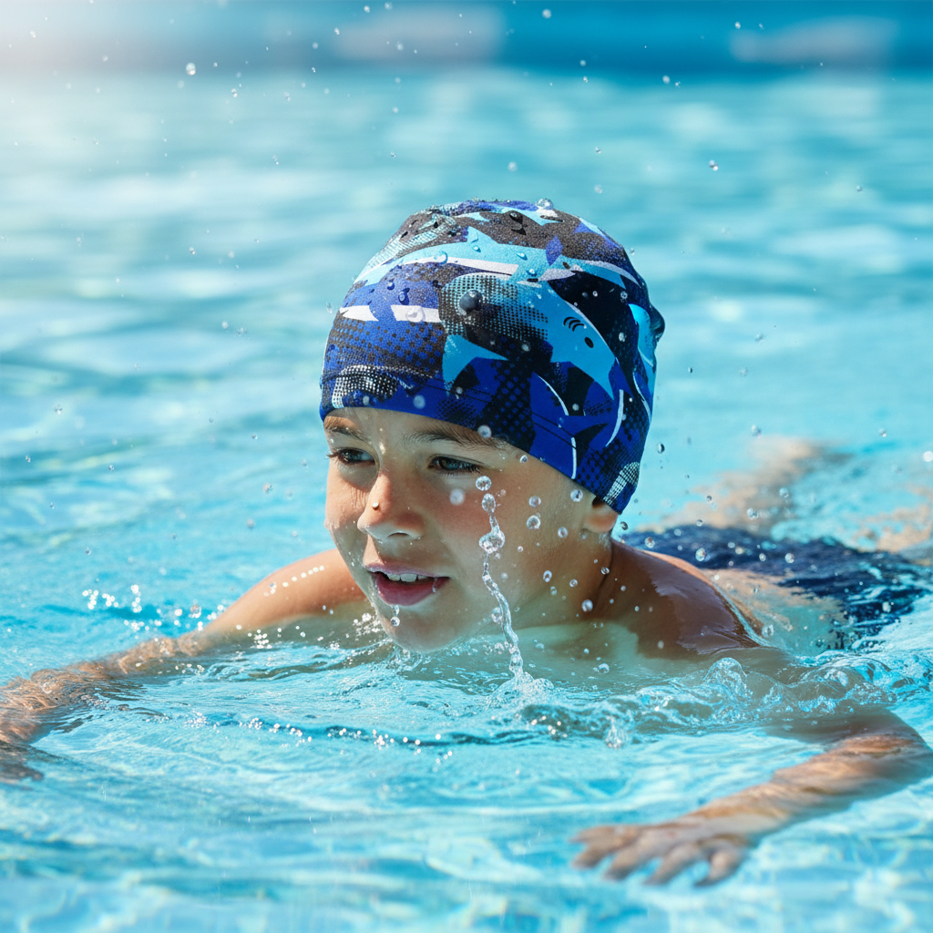 Boy wearing blue shark patterned lycra cap in pool