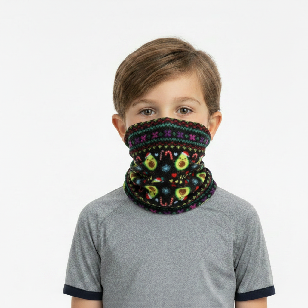 Boy Wearing Christmas Avocado Neck Gaiter