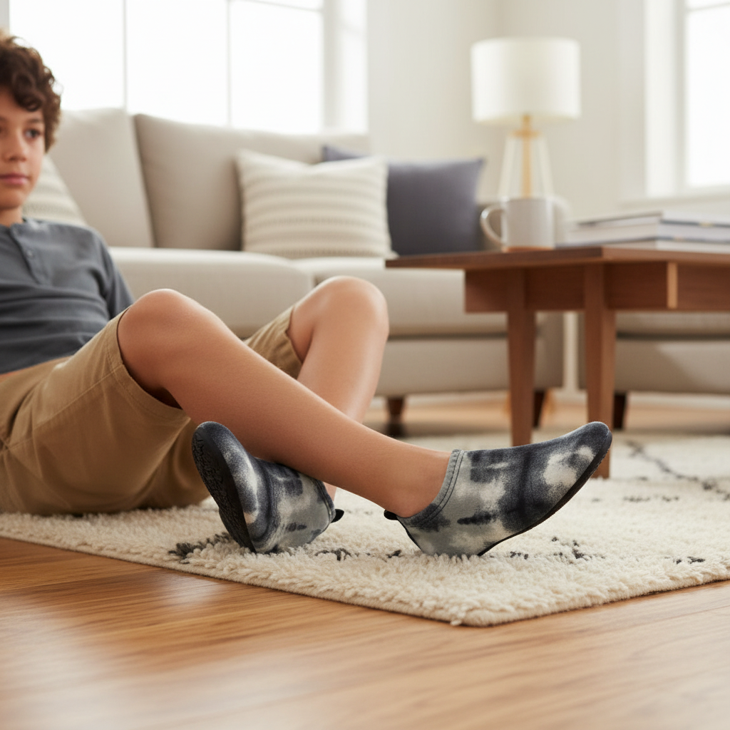 Boy wearing gray and white tie-dye flexy shoes at home