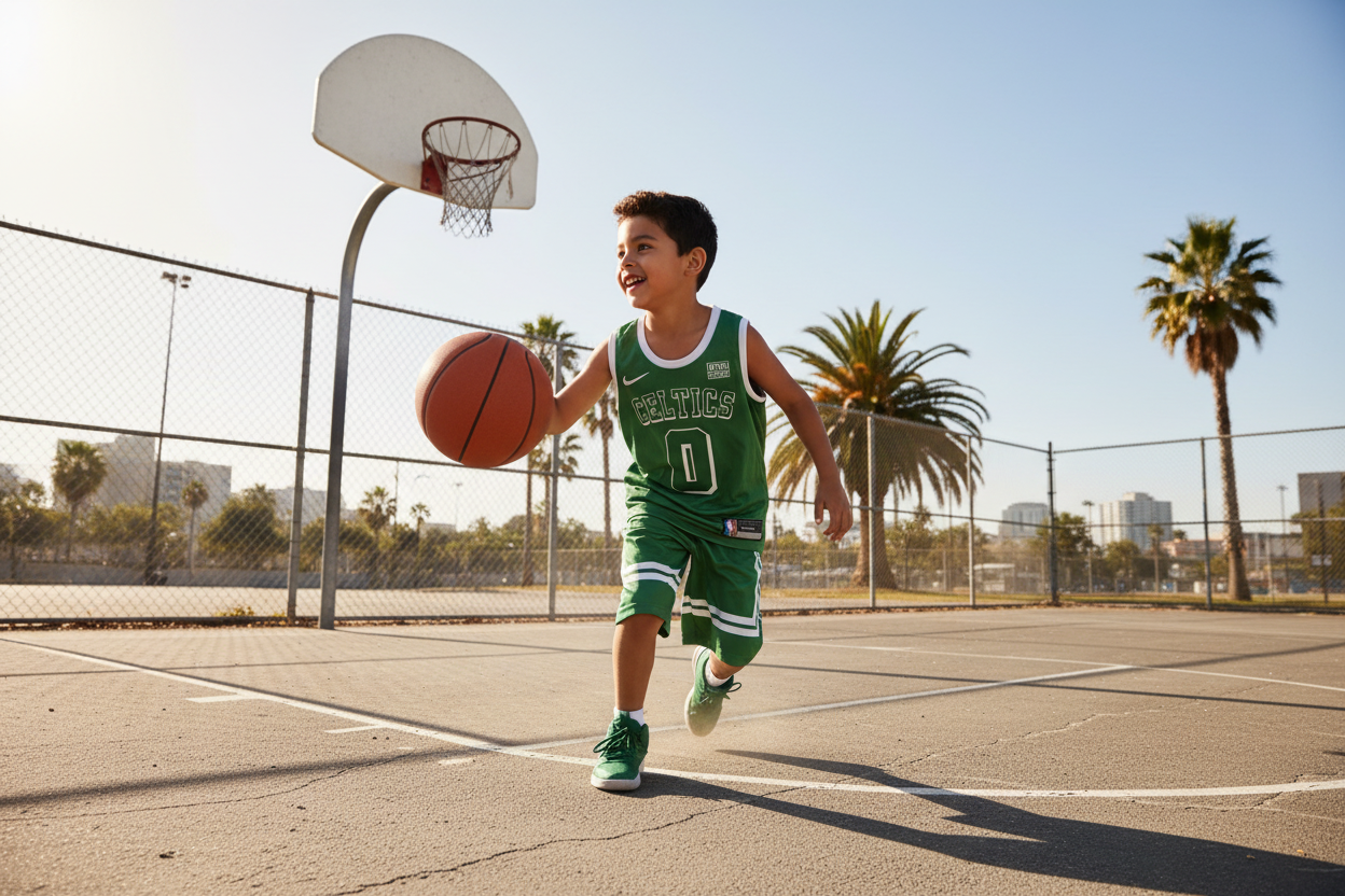 Boy wearing green Boston Celtics basketball uniform lifestyle photo