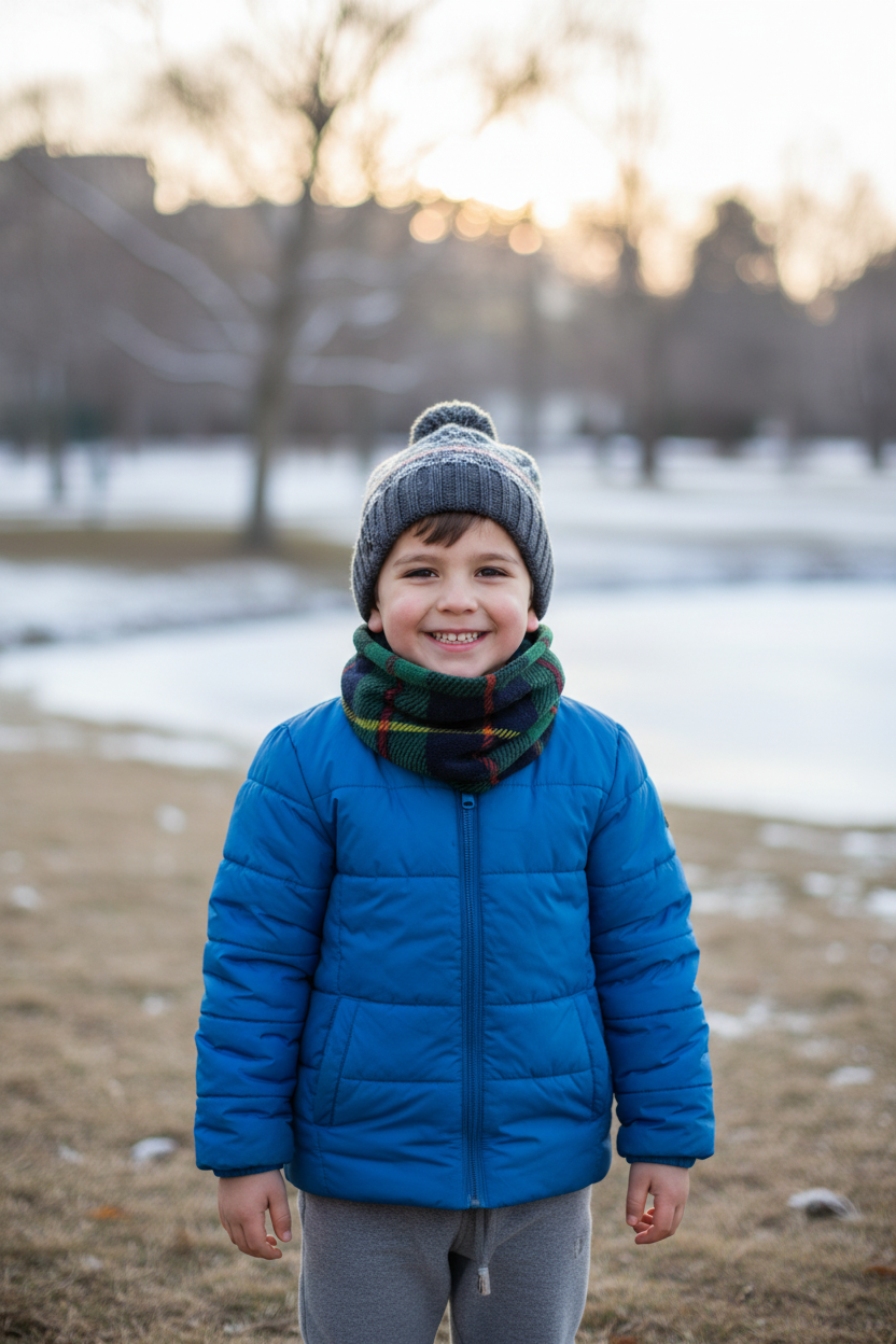Boy wearing green plaid headgear
