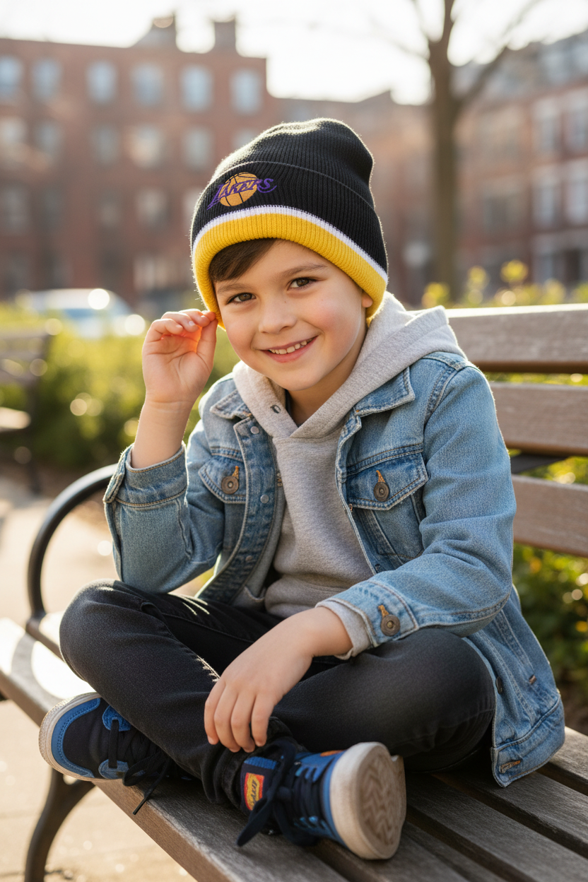 Boy wearing Lakers beanie hat