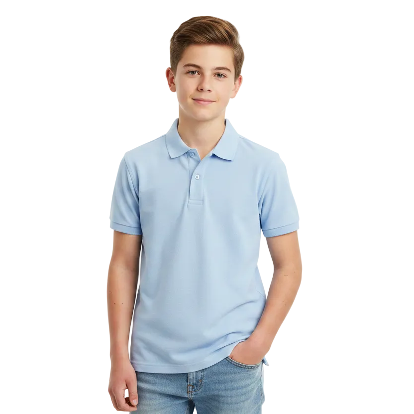 Boy wearing light blue polo