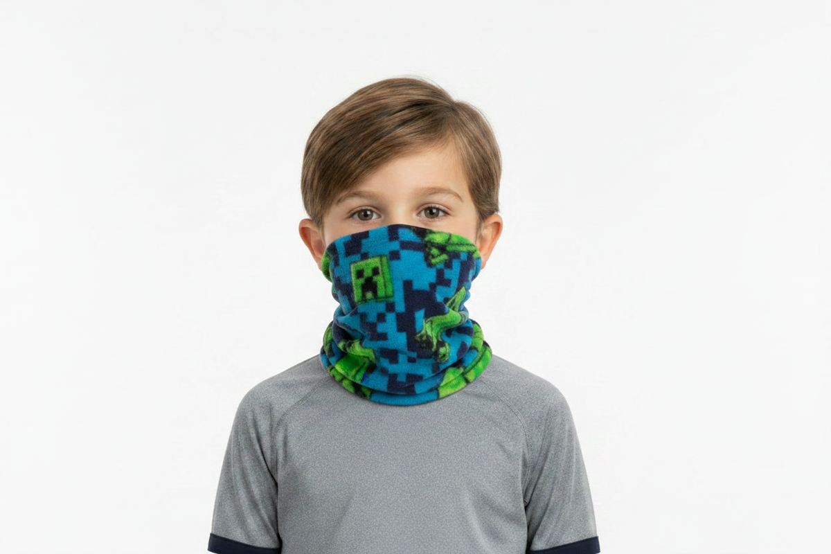 Boy Wearing Minecraft Fleece Neck Gaiter