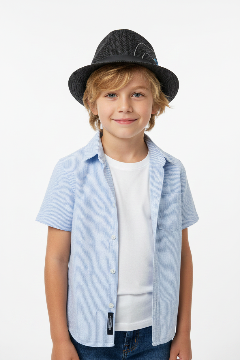 Boy wearing nautical fedora hat