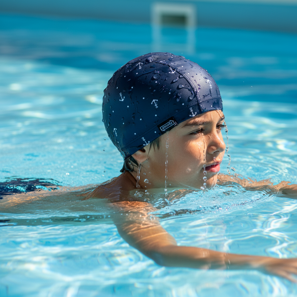Boy wearing navy blue anchor patterned lycra cap in pool
