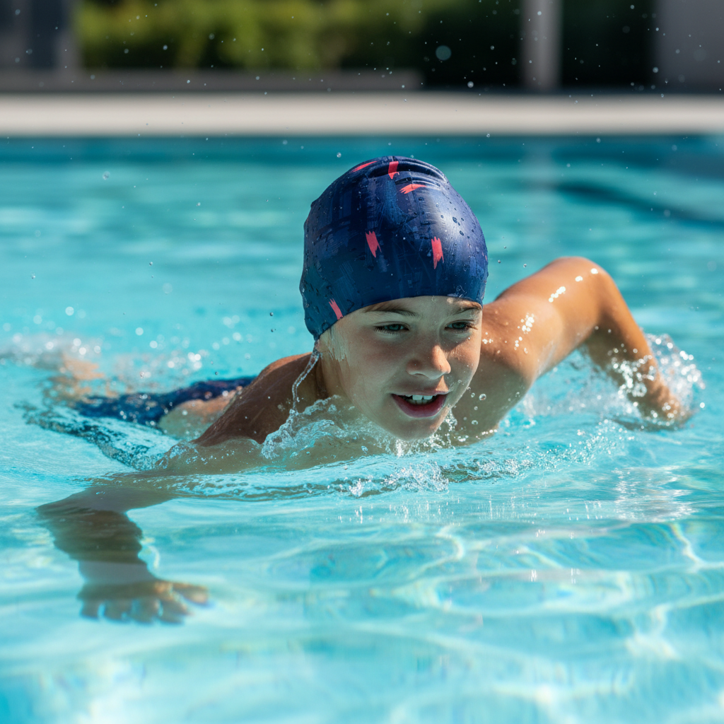 Boy wearing navy blue and pink arrow patterned lycra cap in pool