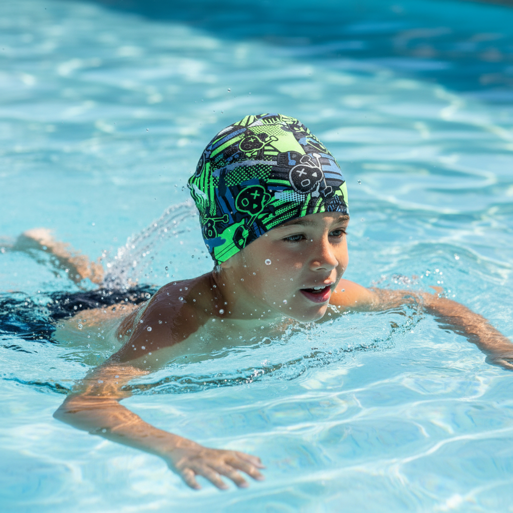 Boy wearing neon skull patterned lycra cap in pool