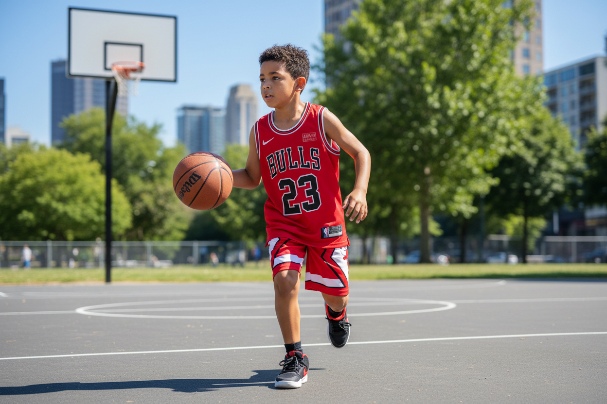 Boy wearing red Chicago Bulls basketball uniform lifestyle photo