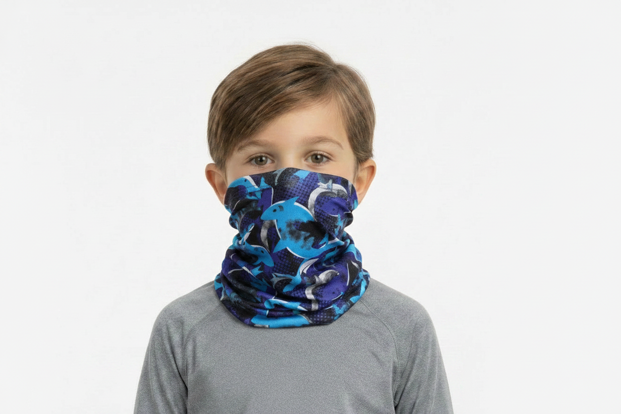 Boy wearing shark blue neck gaiter