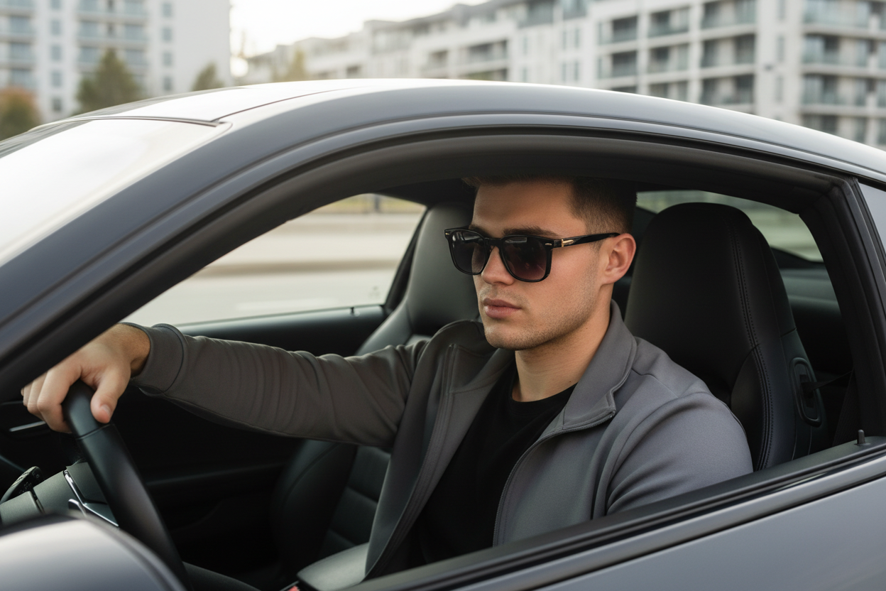 Boy wearing sunglasses in car