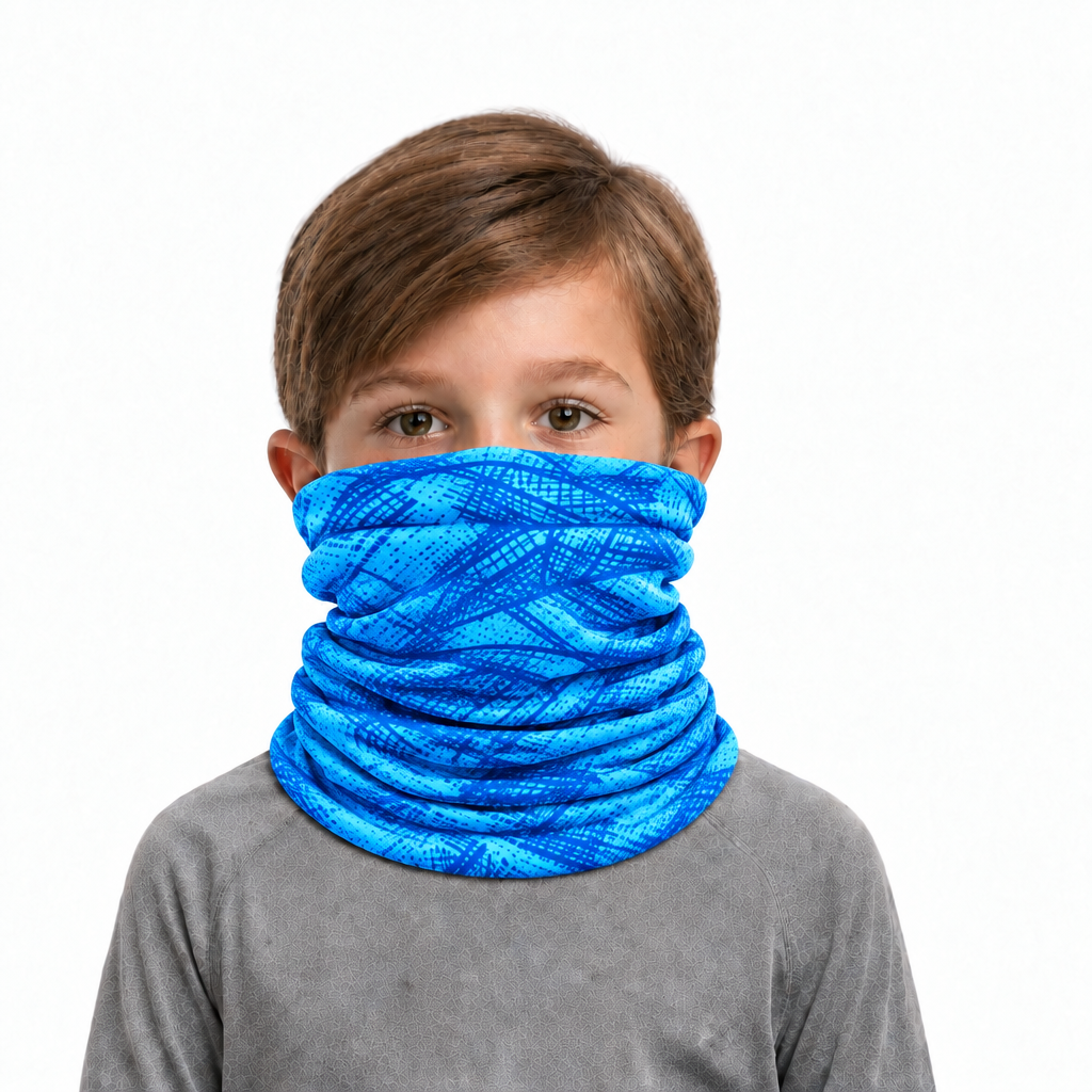 Boy wearing the blue patterned headgear