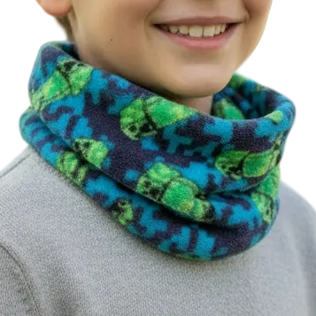 Boy wearing the patterned headgear around his neck