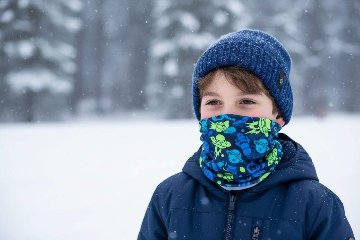 Boy wearing the space-themed headgear in the snow