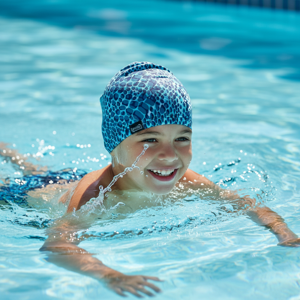 Boy wearing turquoise leopard print lycra cap in pool