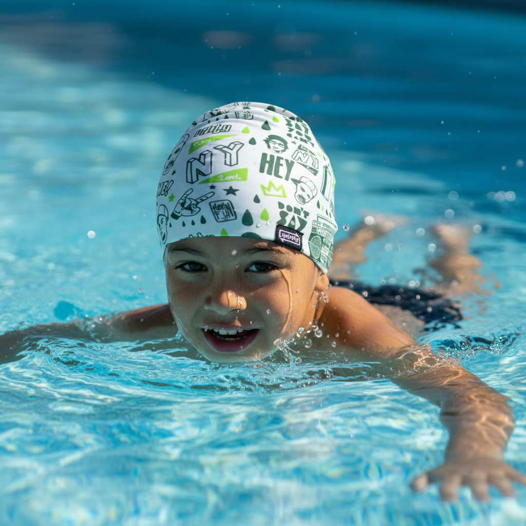 Boy wearing urban graffiti patterned lycra cap in pool