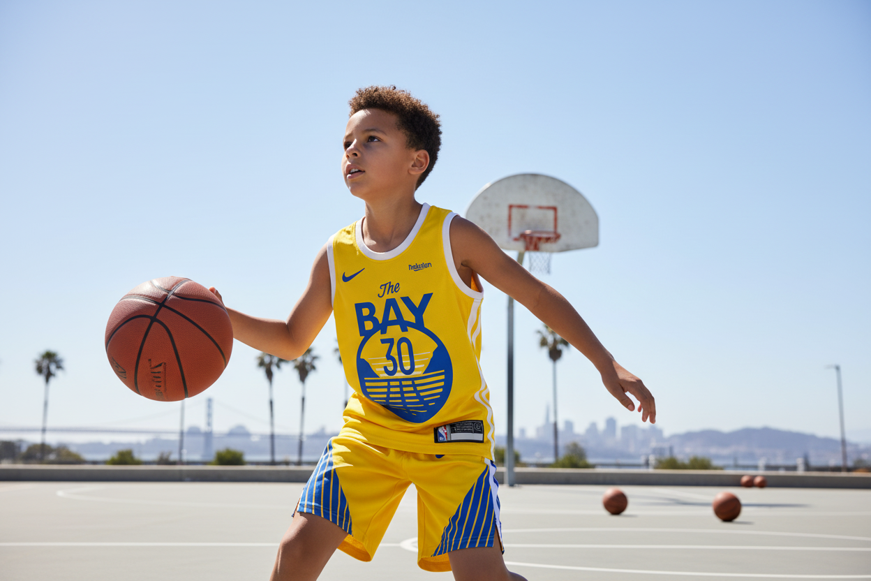 Boy wearing Warriors The Bay uniform lifestyle photo
