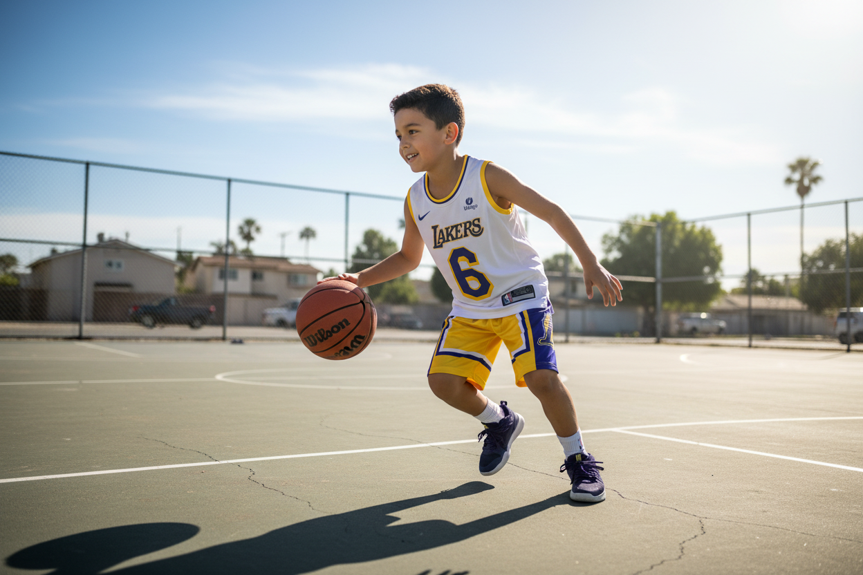 Boy wearing white Lakers uniform lifestyle photo