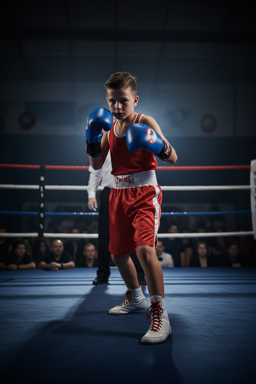 Boy with Twins Special Boxing Gloves in Competition
