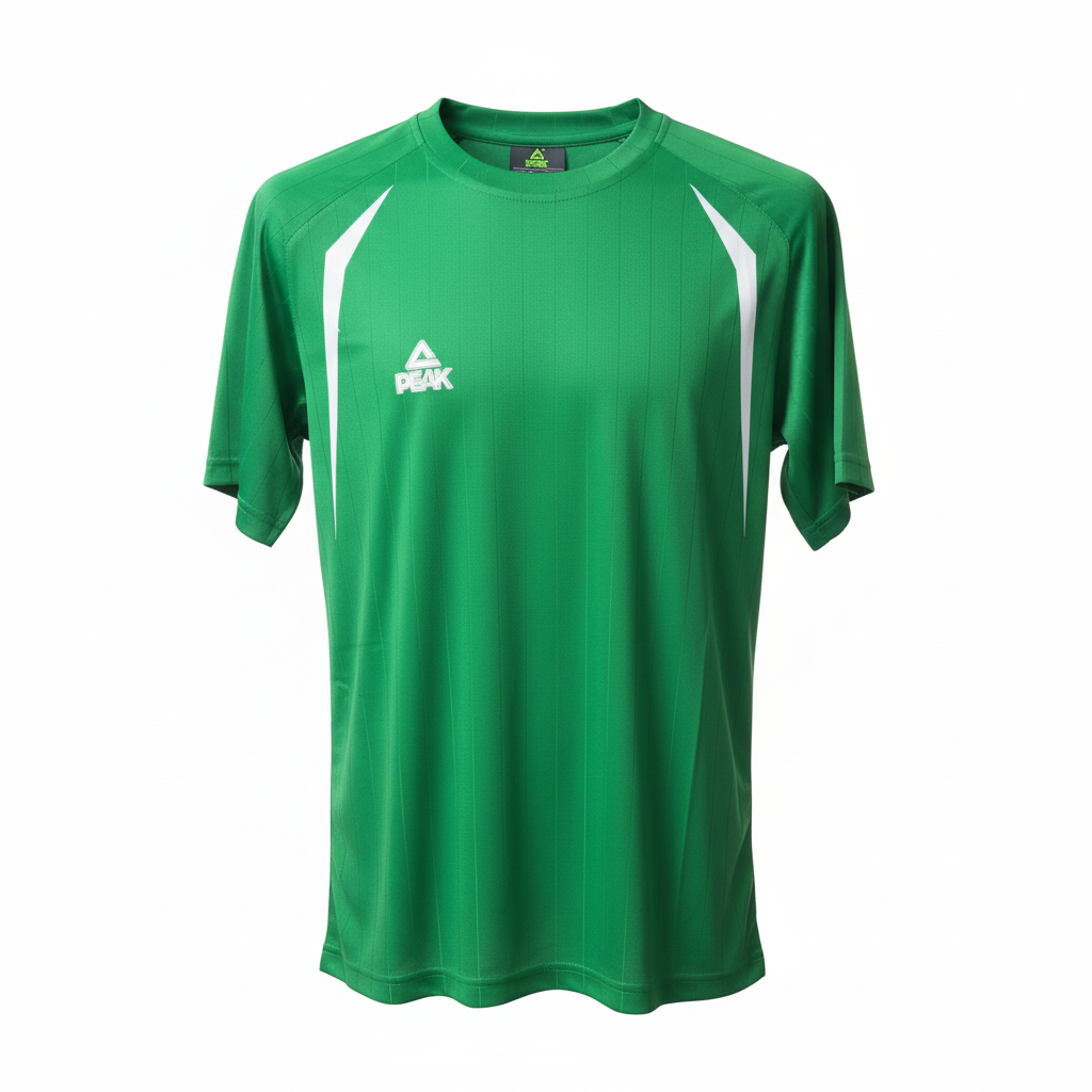 Bright green PEAK football t-shirt straight-on front view with ghost mannequin effect on white background