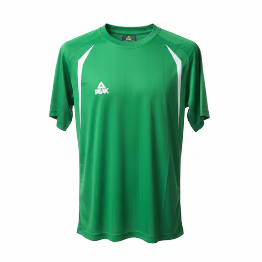 Bright green PEAK football t-shirt straight-on front view with ghost mannequin effect on white background