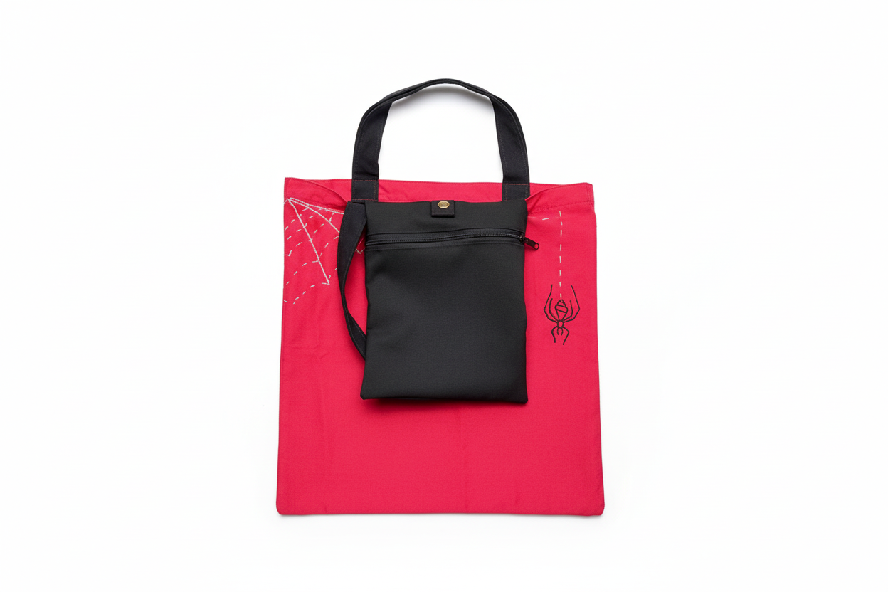 Bright pink tote bag with spider web embroidery and black pouch on white background