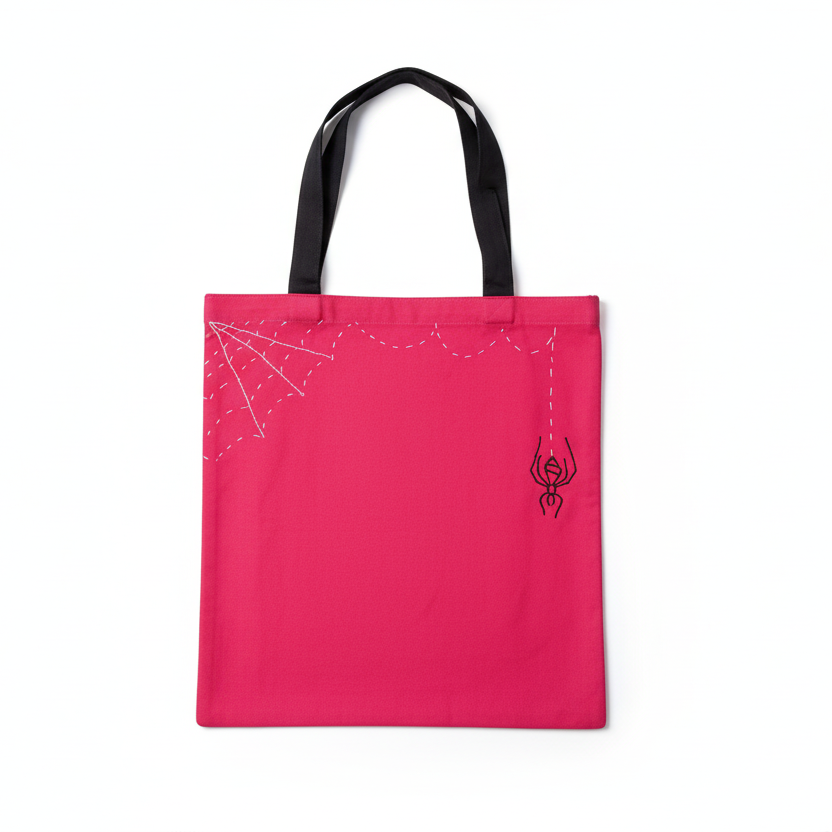 Bright pink tote bag with spider web embroidery on white background