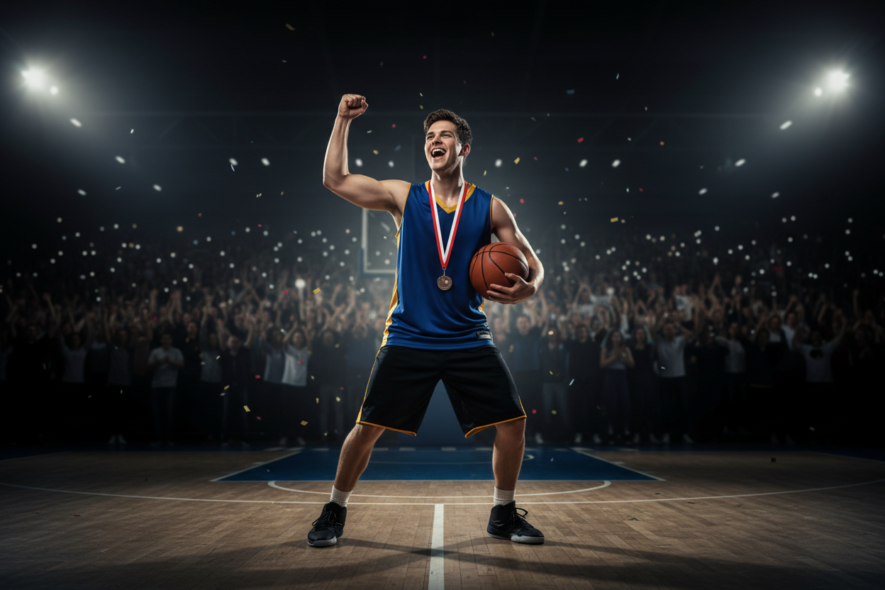Bronze basketball medal lifestyle photo on court