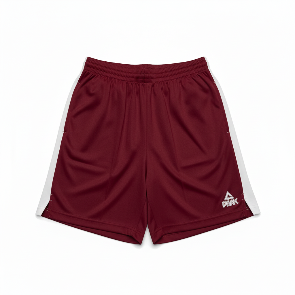 Burgundy and white PEAK shorts on white background