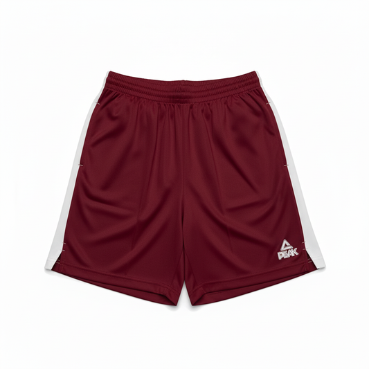 Burgundy and white PEAK shorts on white background