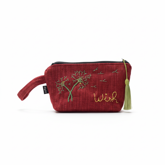 Burgundy embroidered wish pouch with white background