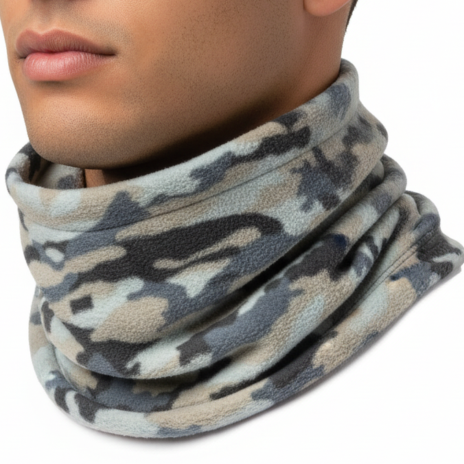 Camouflage headgear worn around a male model’s neck