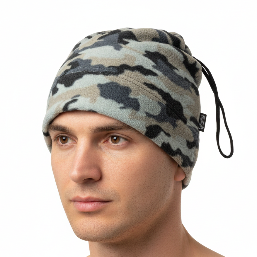 Camouflage headgear worn on a male model’s head