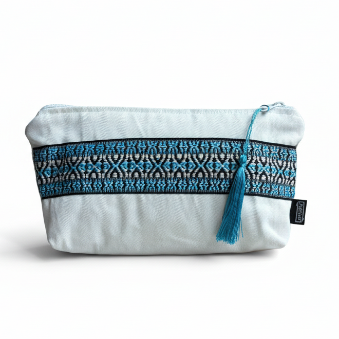 Canvas pouch with teal stripe on white background