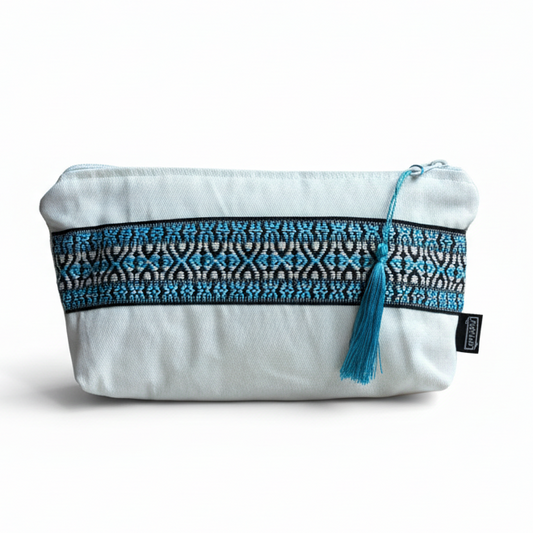 Canvas pouch with teal stripe on white background