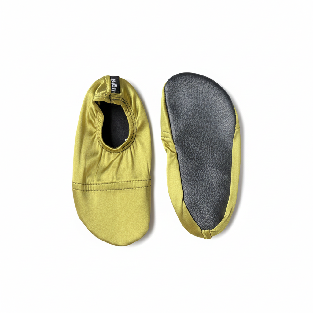 Chartreuse yellow-green water shoes top and bottom view on white background