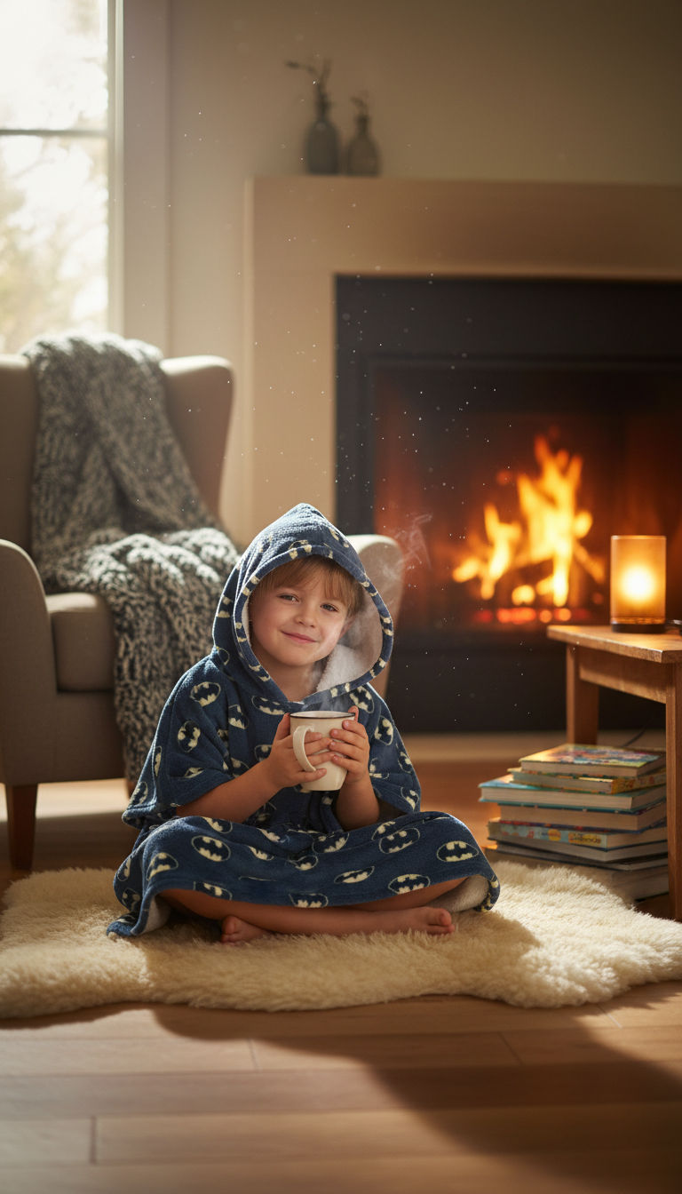 Child in Batman poncho at home