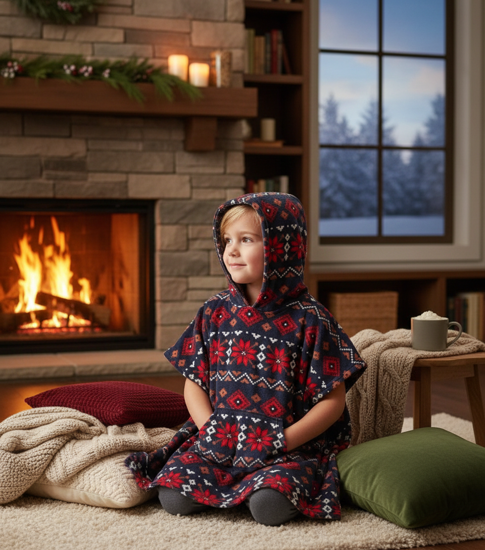 Child in Nordic poncho by fireplace